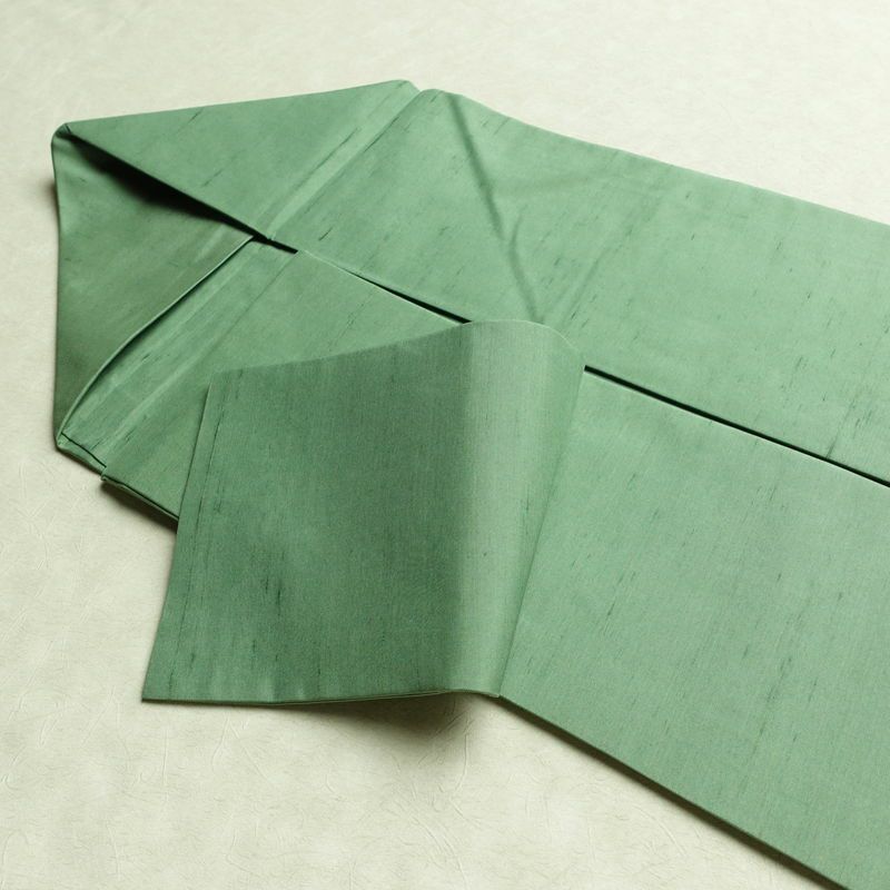 名古屋帯 全通柄 良品 正絹 無地 名古屋仕立て 帯 紬地 緑・うぐいす色_画像20