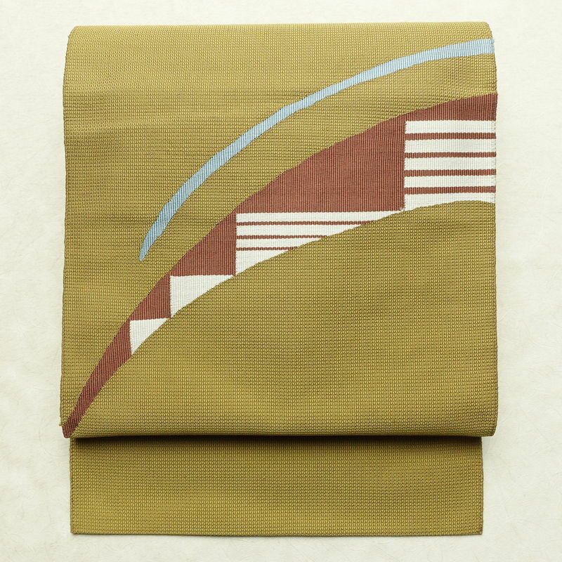 名古屋帯 太鼓柄 良品 正絹 幾何学柄・抽象柄 松葉仕立て 帯 黄・黄土色_画像1