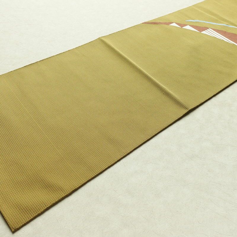 名古屋帯 太鼓柄 良品 正絹 幾何学柄・抽象柄 松葉仕立て 帯 黄・黄土色_画像8