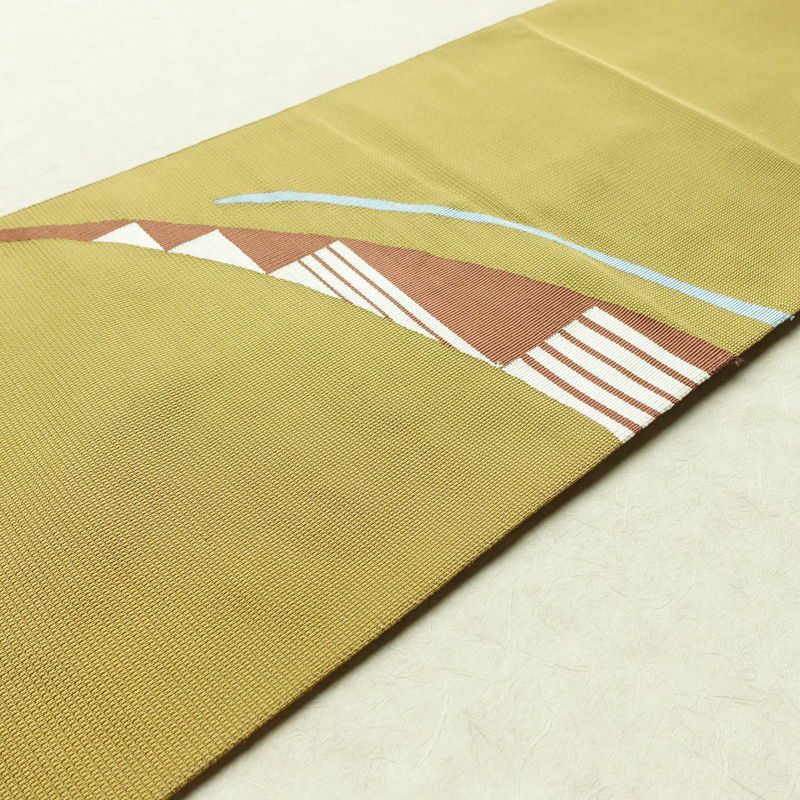 名古屋帯 太鼓柄 良品 正絹 幾何学柄・抽象柄 松葉仕立て 帯 黄・黄土色_画像11