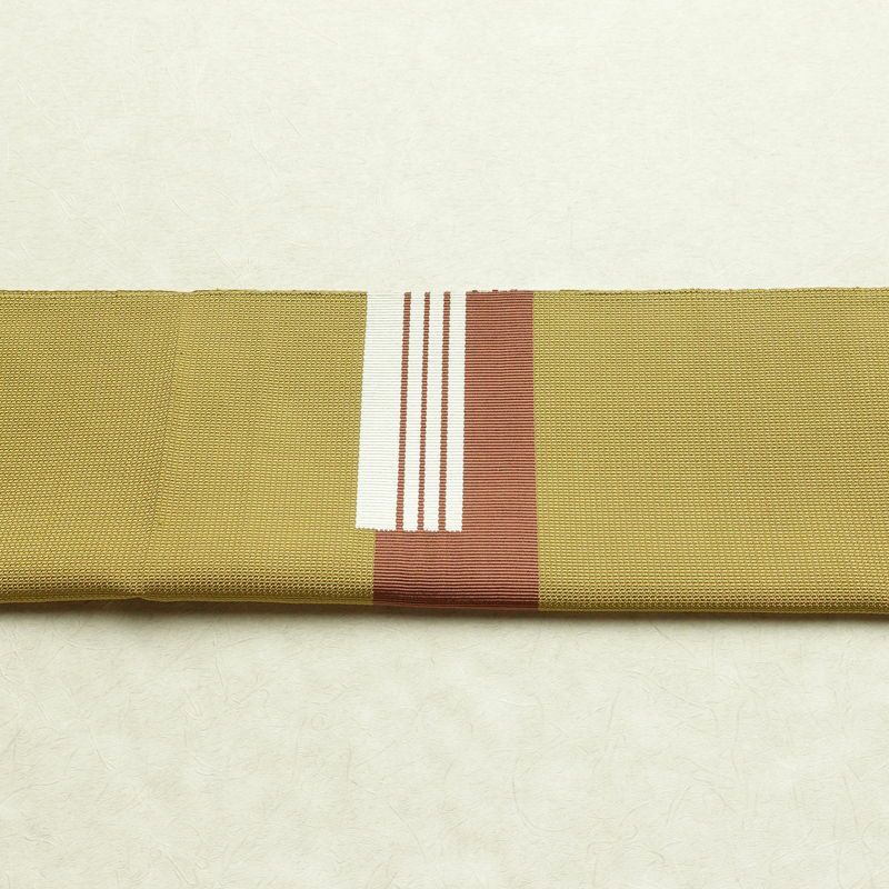 名古屋帯 太鼓柄 良品 正絹 幾何学柄・抽象柄 松葉仕立て 帯 黄・黄土色_画像13