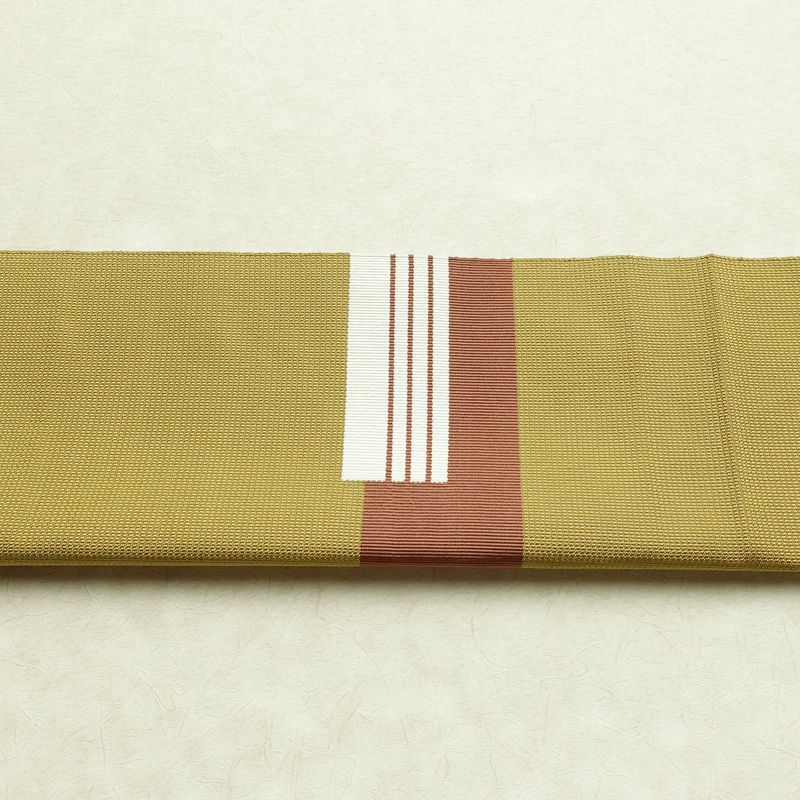 名古屋帯 太鼓柄 良品 正絹 幾何学柄・抽象柄 松葉仕立て 帯 黄・黄土色_画像14