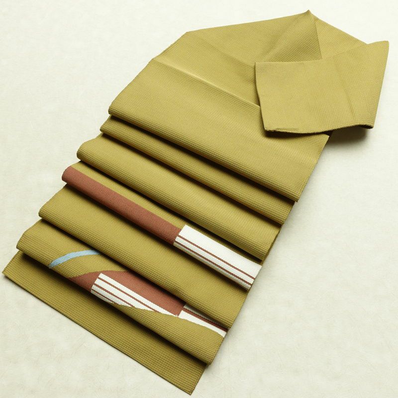 名古屋帯 太鼓柄 良品 正絹 幾何学柄・抽象柄 松葉仕立て 帯 黄・黄土色_画像20