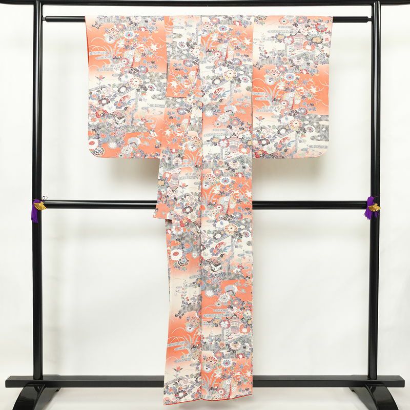 小紋 良品 京都清水 地主神社 落款入り 縮緬 正絹 古典柄 袷仕立て 身丈155cm 裄丈62cm 箔 着物 赤・朱_画像2