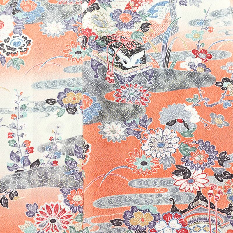 小紋 良品 京都清水 地主神社 落款入り 縮緬 正絹 古典柄 袷仕立て 身丈155cm 裄丈62cm 箔 着物 赤・朱_画像6