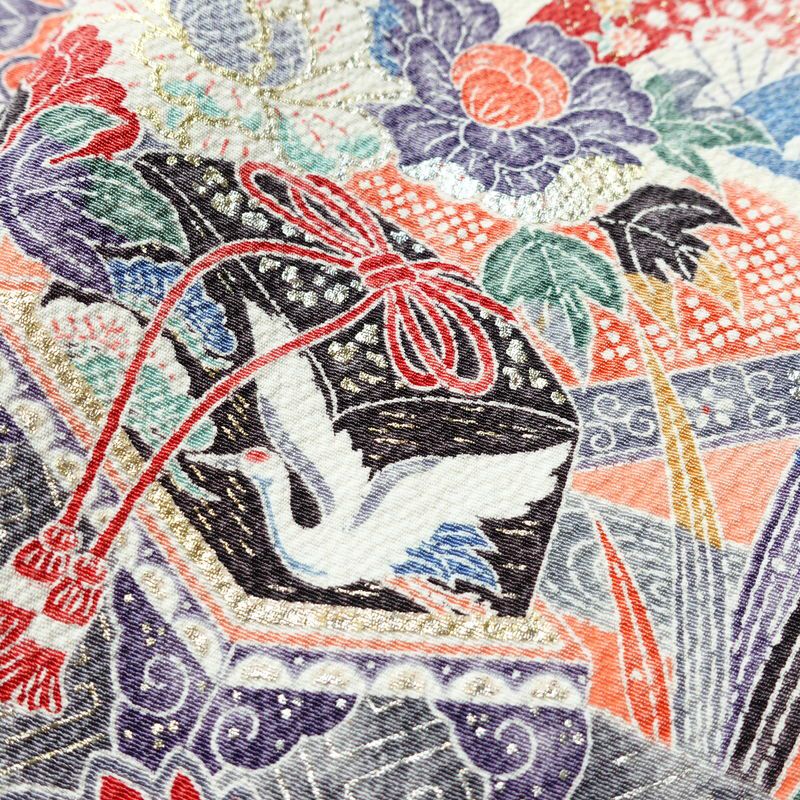 小紋 良品 京都清水 地主神社 落款入り 縮緬 正絹 古典柄 袷仕立て 身丈155cm 裄丈62cm 箔 着物 赤・朱_画像7