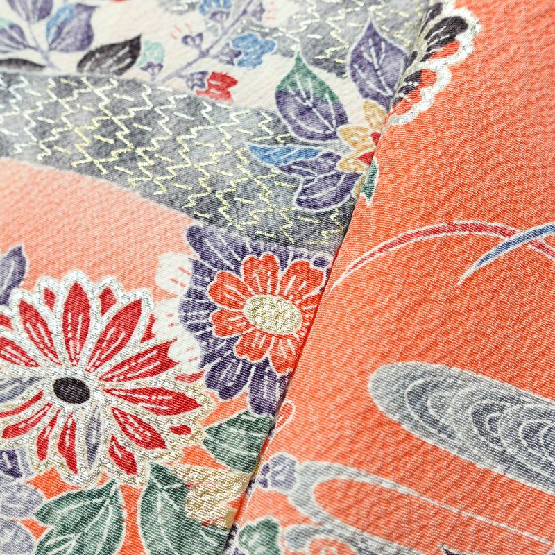 小紋 良品 京都清水 地主神社 落款入り 縮緬 正絹 古典柄 袷仕立て 身丈155cm 裄丈62cm 箔 着物 赤・朱_画像10