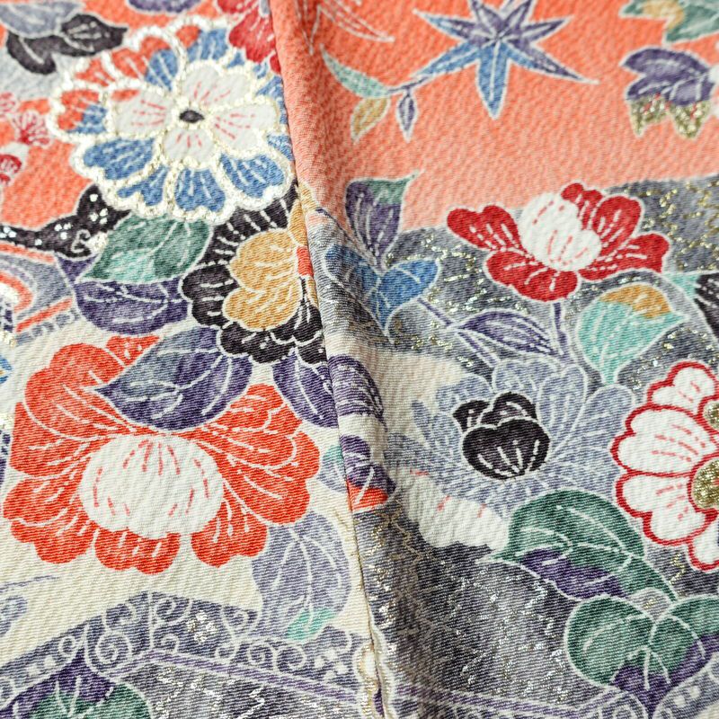 小紋 良品 京都清水 地主神社 落款入り 縮緬 正絹 古典柄 袷仕立て 身丈155cm 裄丈62cm 箔 着物 赤・朱_画像11