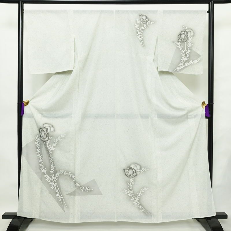 盛夏 付下 しつけ糸付き 正絹 花柄 単衣仕立て 身丈162cm 裄丈67cm 箔 フォーマル 着物 グレー_画像1