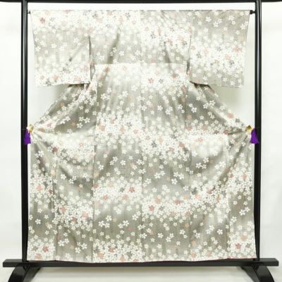 小紋 良品 しつけ糸付き 正絹 花柄 袷仕立て 身丈157.5cm 裄丈65cm 箔 金彩 着物 グレー