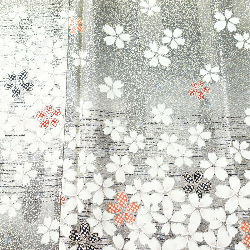 小紋 良品 しつけ糸付き 正絹 花柄 袷仕立て 身丈157.5cm 裄丈65cm 箔 金彩 着物 グレー_画像6