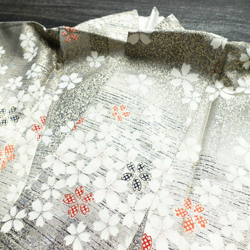小紋 良品 しつけ糸付き 正絹 花柄 袷仕立て 身丈157.5cm 裄丈65cm 箔 金彩 着物 グレー_画像16