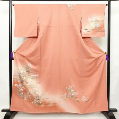 訪問着 美品 しつけ糸付き 一つ紋付き 正絹 古典柄 袷仕立て 身丈160cm 裄丈65.5cm 箔 金彩 フォーマル 着物 入学式 卒業式 結婚式 ピンク