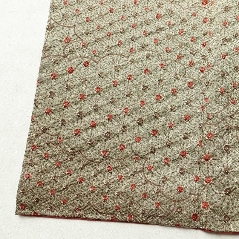 小紋 絞り 綸子 正絹 雲柄 袷仕立て 身丈168.5cm 裄丈64.5cm 麻の葉 着物 緑・うぐいす色_画像11