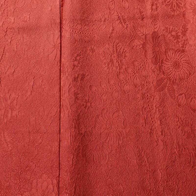 色無地 良品 しつけ糸付き 一つ紋付き 正絹 花柄 袷仕立て 身丈167cm 裄丈69cm フォーマル 着物 お茶会 赤・朱_画像6