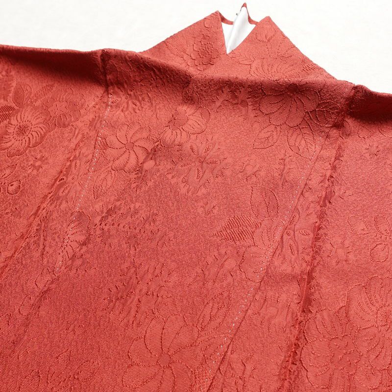 色無地 良品 しつけ糸付き 一つ紋付き 正絹 花柄 袷仕立て 身丈167cm 裄丈69cm フォーマル 着物 お茶会 赤・朱_画像17