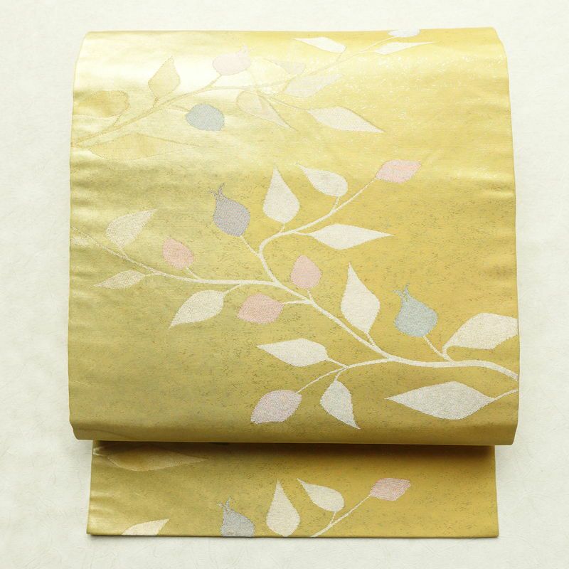 名古屋帯 六通柄 正絹 木の葉・植物柄 名古屋仕立て 箔 帯 黄・黄土色_画像1