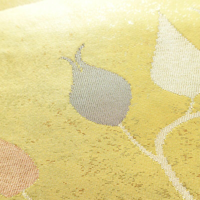 名古屋帯 六通柄 正絹 木の葉・植物柄 名古屋仕立て 箔 帯 黄・黄土色_画像3