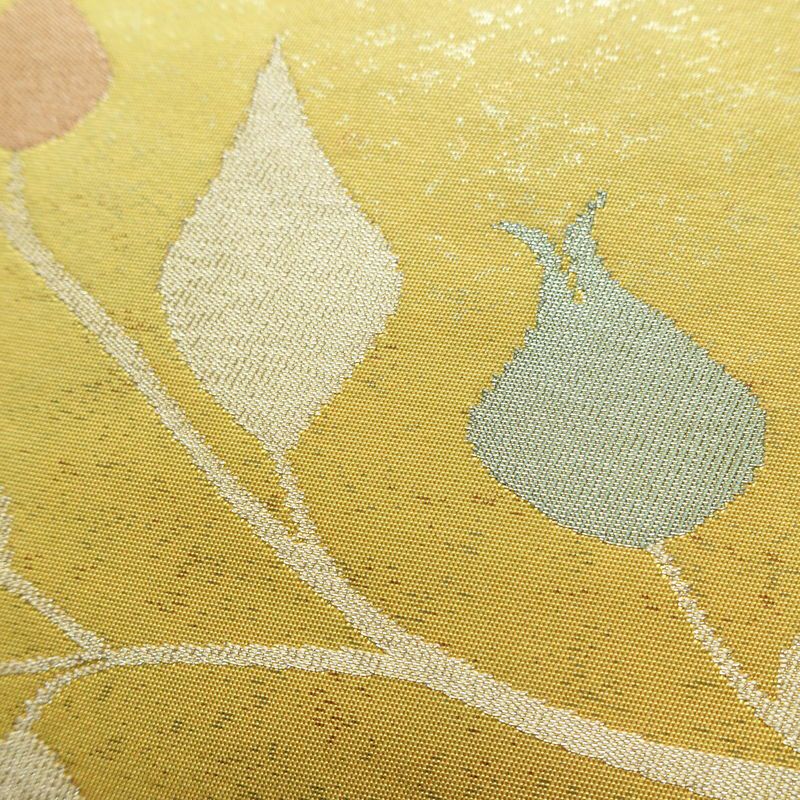 名古屋帯 六通柄 正絹 木の葉・植物柄 名古屋仕立て 箔 帯 黄・黄土色_画像4