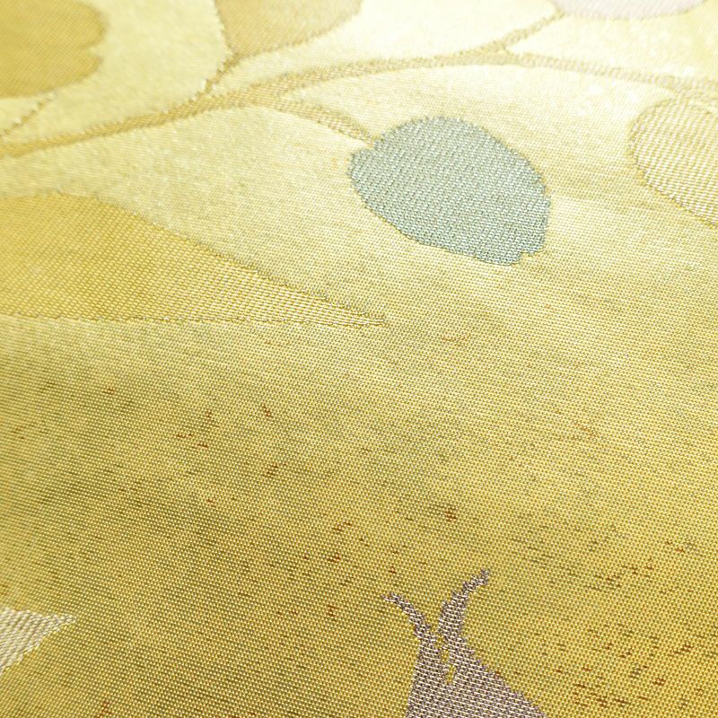 名古屋帯 六通柄 正絹 木の葉・植物柄 名古屋仕立て 箔 帯 黄・黄土色_画像6