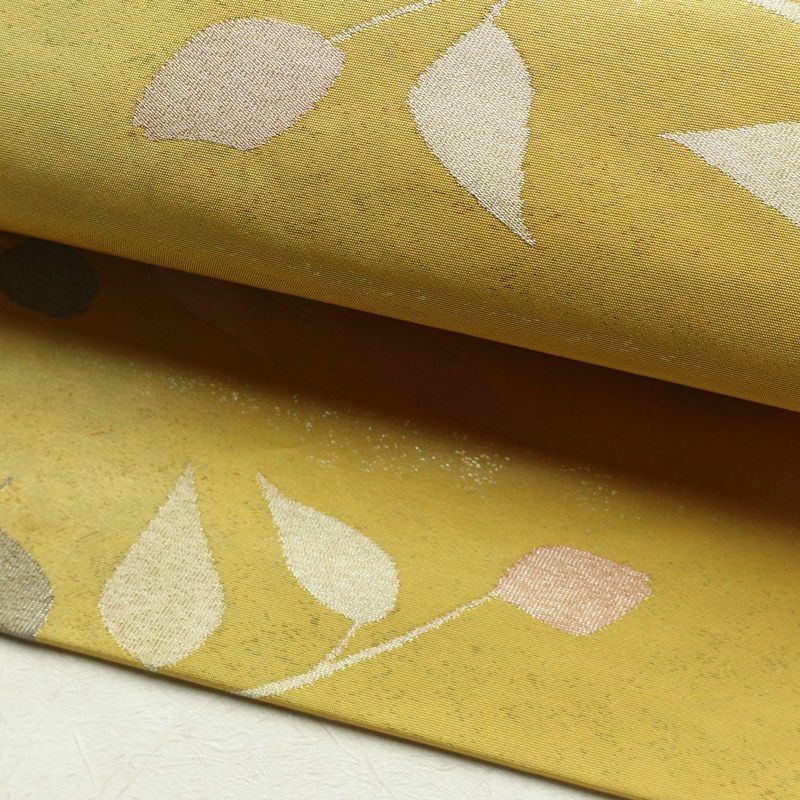 名古屋帯 六通柄 正絹 木の葉・植物柄 名古屋仕立て 箔 帯 黄・黄土色_画像7