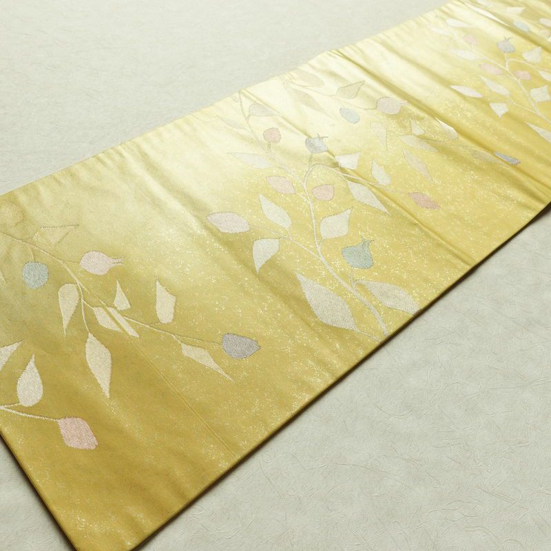 名古屋帯 六通柄 正絹 木の葉・植物柄 名古屋仕立て 箔 帯 黄・黄土色_画像8