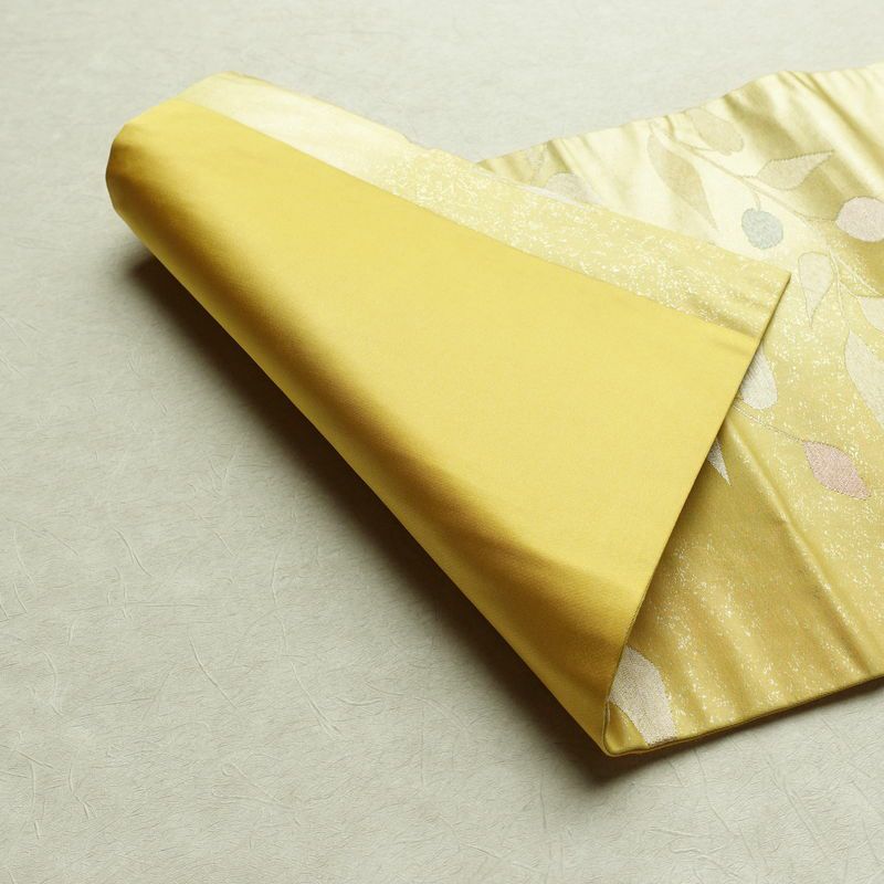 名古屋帯 六通柄 正絹 木の葉・植物柄 名古屋仕立て 箔 帯 黄・黄土色_画像9