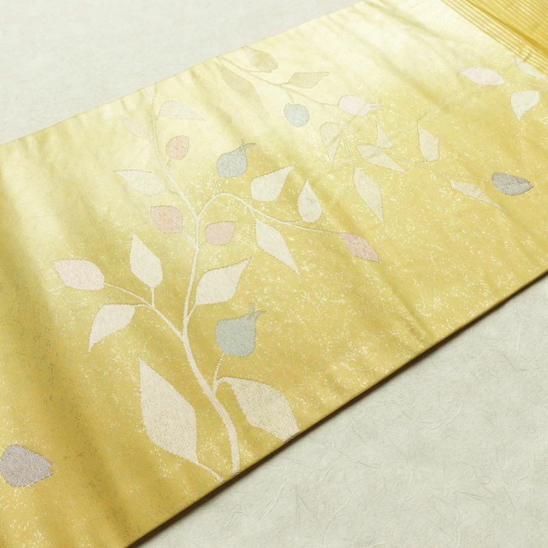 名古屋帯 六通柄 正絹 木の葉・植物柄 名古屋仕立て 箔 帯 黄・黄土色_画像10