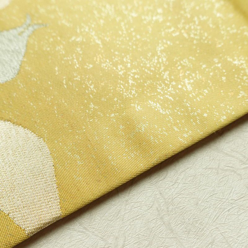 名古屋帯 六通柄 正絹 木の葉・植物柄 名古屋仕立て 箔 帯 黄・黄土色_画像11