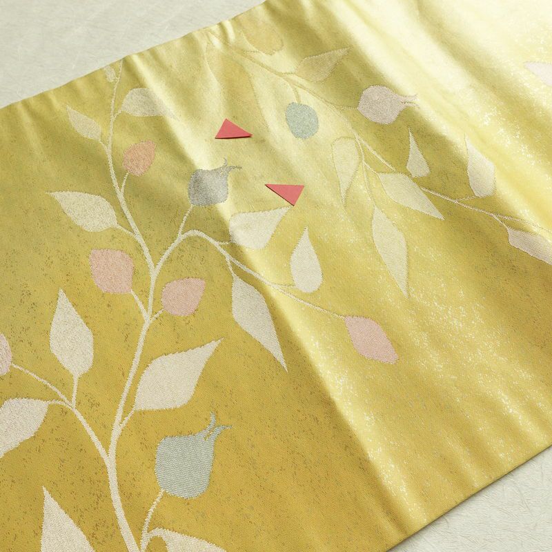 名古屋帯 六通柄 正絹 木の葉・植物柄 名古屋仕立て 箔 帯 黄・黄土色_画像12