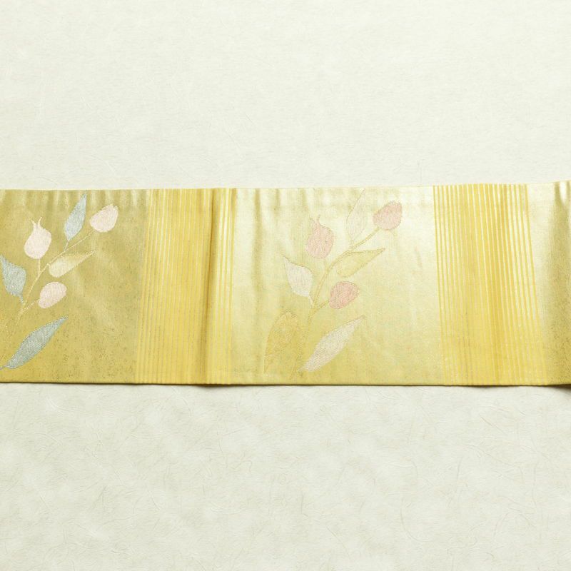 名古屋帯 六通柄 正絹 木の葉・植物柄 名古屋仕立て 箔 帯 黄・黄土色_画像14
