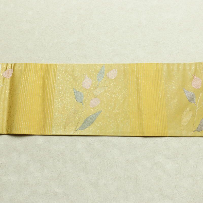 名古屋帯 六通柄 正絹 木の葉・植物柄 名古屋仕立て 箔 帯 黄・黄土色_画像15