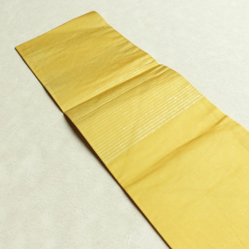 名古屋帯 六通柄 正絹 木の葉・植物柄 名古屋仕立て 箔 帯 黄・黄土色_画像17