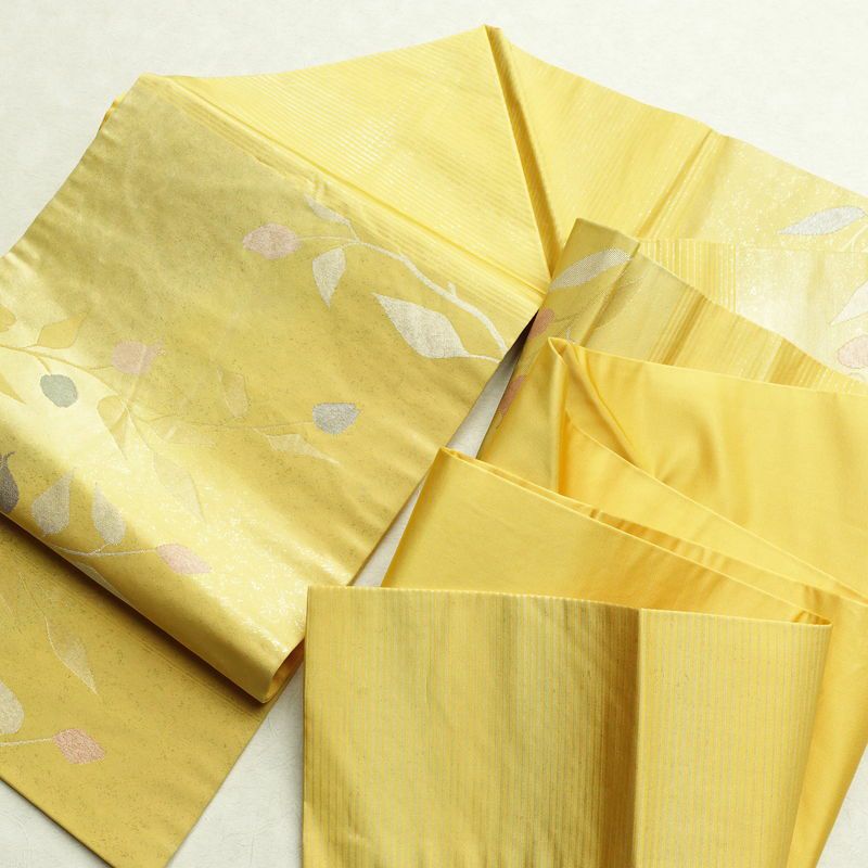 名古屋帯 六通柄 正絹 木の葉・植物柄 名古屋仕立て 箔 帯 黄・黄土色_画像18