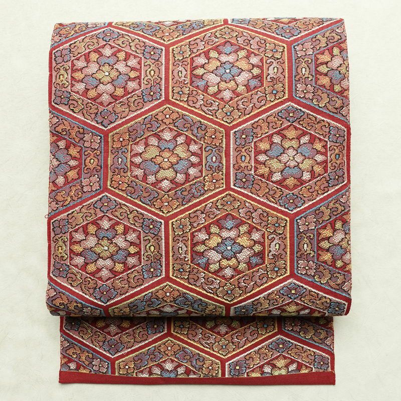 名古屋帯 六通柄 正絹 幾何学柄・抽象柄 名古屋仕立て 赤・朱_画像1