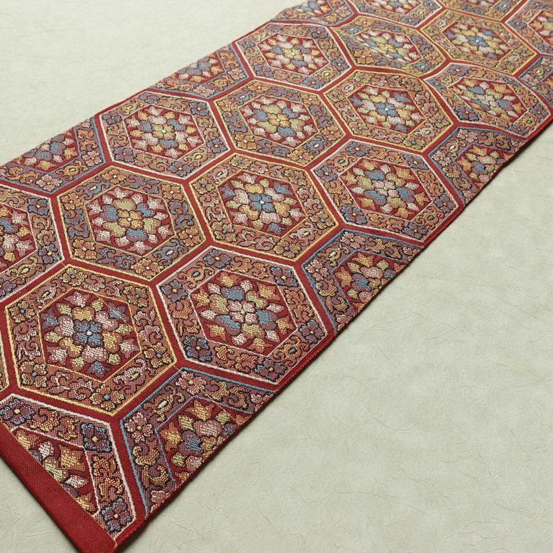 名古屋帯 六通柄 正絹 幾何学柄・抽象柄 名古屋仕立て 赤・朱_画像9