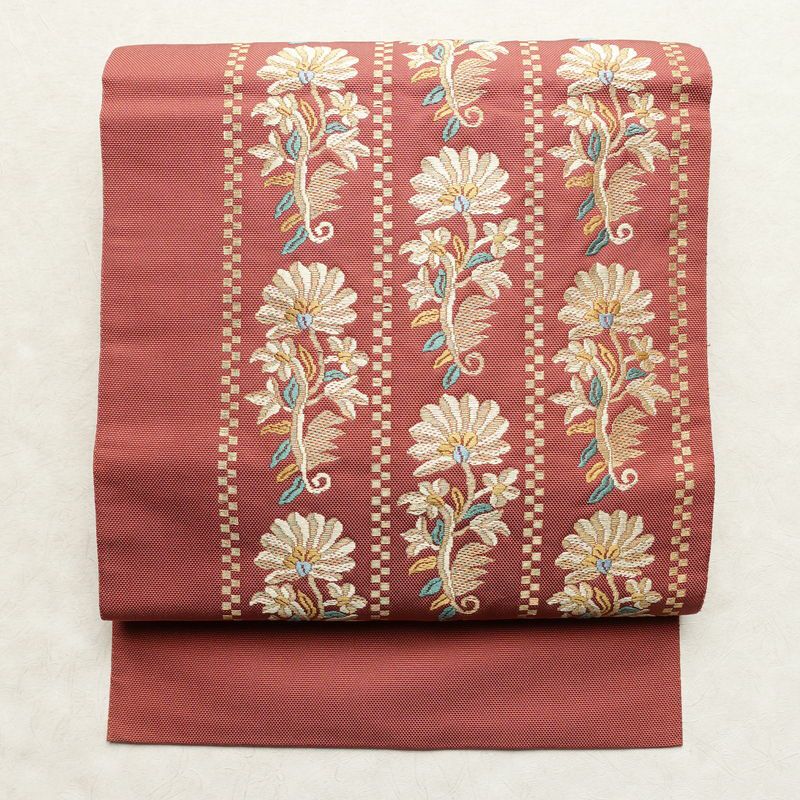 名古屋帯 太鼓柄 正絹 花柄 名古屋仕立て くすみピンク 帯 ピンク_画像1