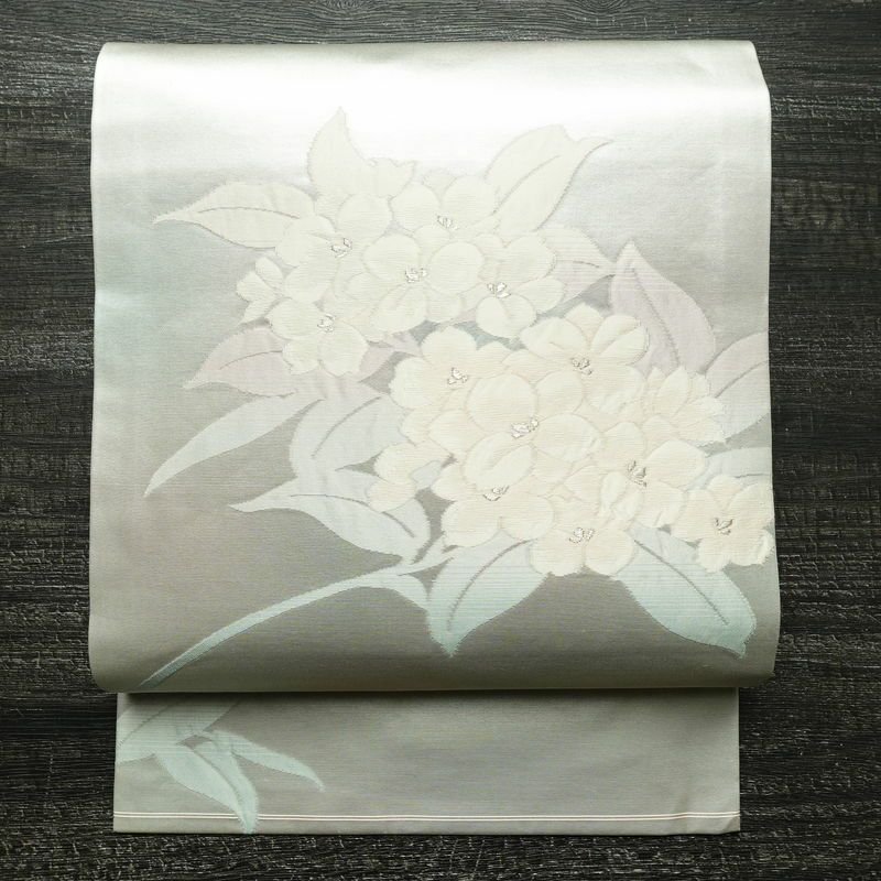 名古屋帯 太鼓柄 良品 正絹 花柄 名古屋仕立て 箔 銀糸 帯 薄ピンク 金・銀_画像1