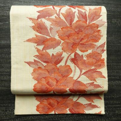 名古屋帯 六通柄 良品 正絹 花柄 通し仕立て 帯 紬地 クリーム