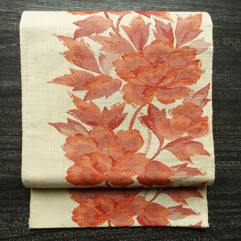 名古屋帯 六通柄 良品 正絹 花柄 通し仕立て 帯 紬地 クリーム_画像1