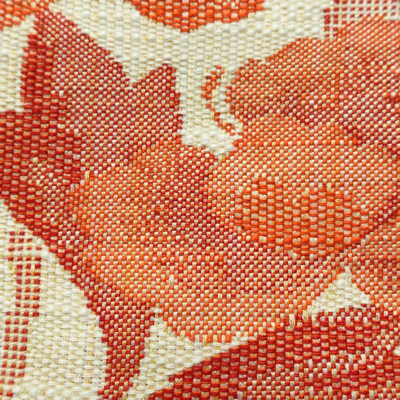 名古屋帯 六通柄 良品 正絹 花柄 通し仕立て 帯 紬地 クリーム_画像4