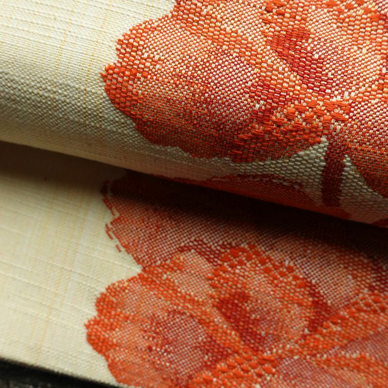 名古屋帯 六通柄 良品 正絹 花柄 通し仕立て 帯 紬地 クリーム_画像7