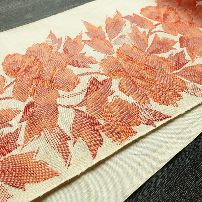名古屋帯 六通柄 良品 正絹 花柄 通し仕立て 帯 紬地 クリーム_画像11