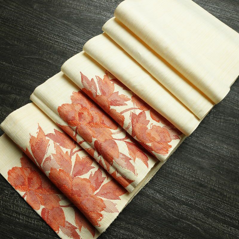 名古屋帯 六通柄 良品 正絹 花柄 通し仕立て 帯 紬地 クリーム_画像20