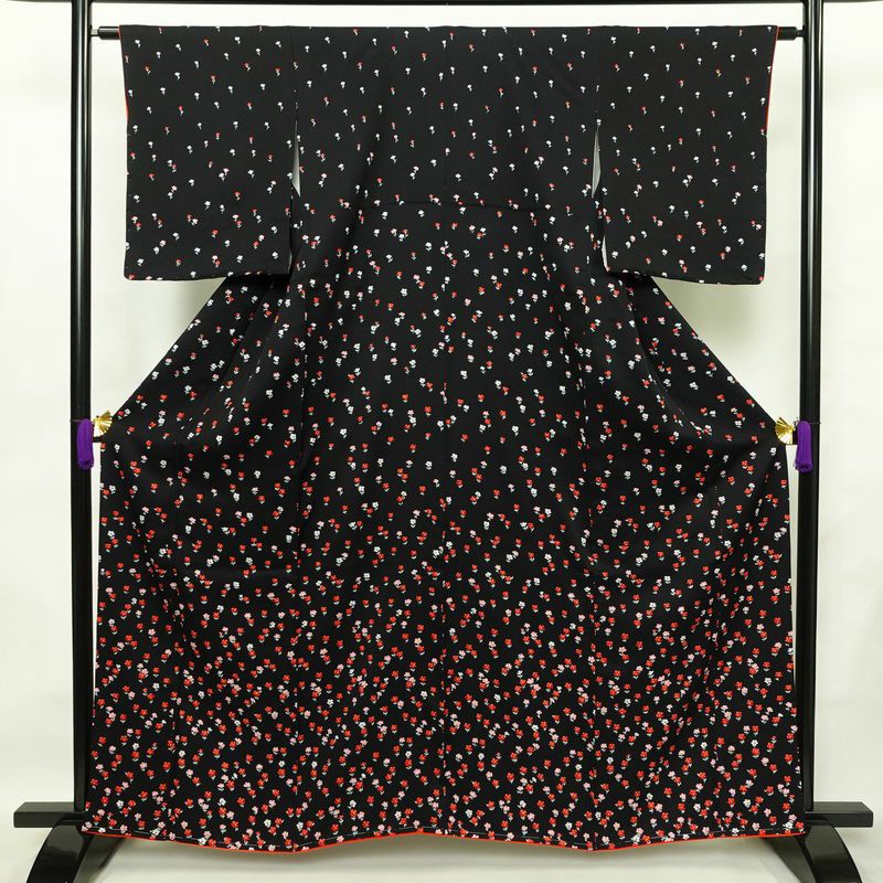 小紋 付下小紋 良品 しつけ糸付き 正絹 花柄 袷仕立て 身丈161cm 裄丈63cm 着物 黒_画像1