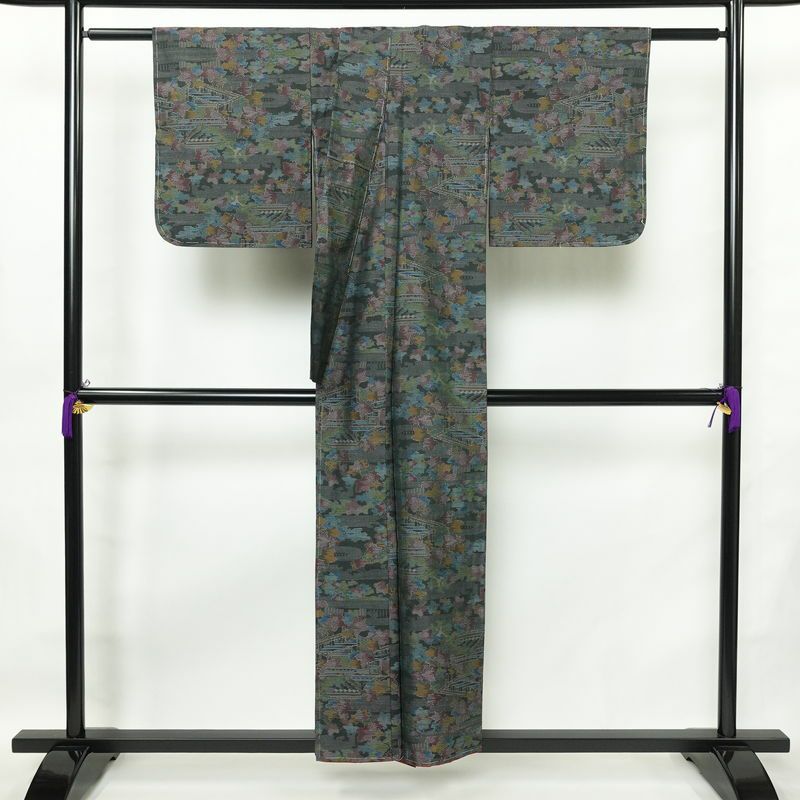 紬 しつけ糸付き 正絹 風景柄 袷仕立て 身丈152.5cm 裄丈64cm 着物 緑・うぐいす色_画像2