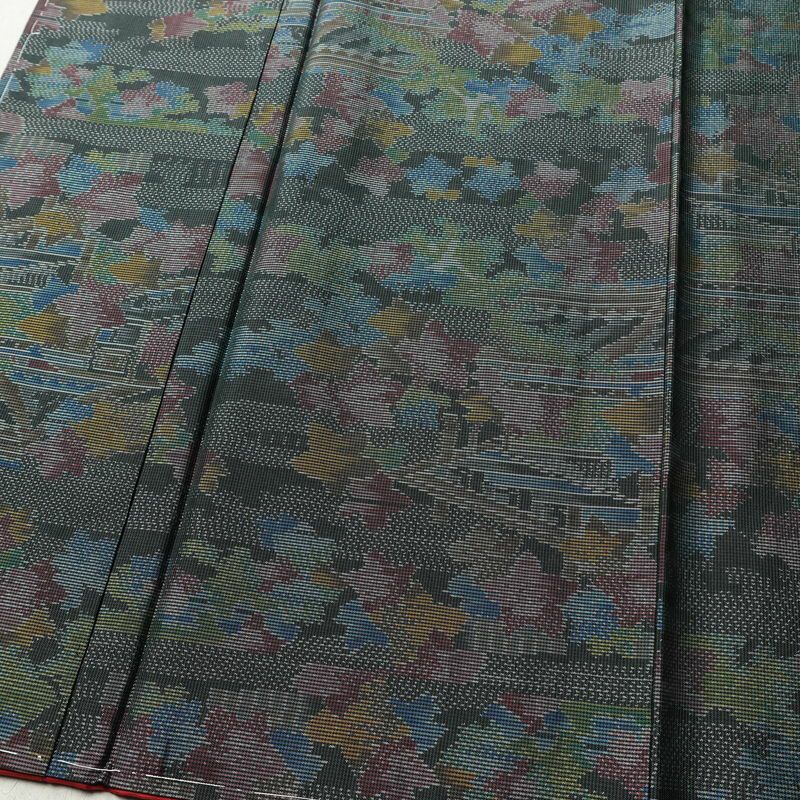 紬 しつけ糸付き 正絹 風景柄 袷仕立て 身丈152.5cm 裄丈64cm 着物 緑・うぐいす色_画像4