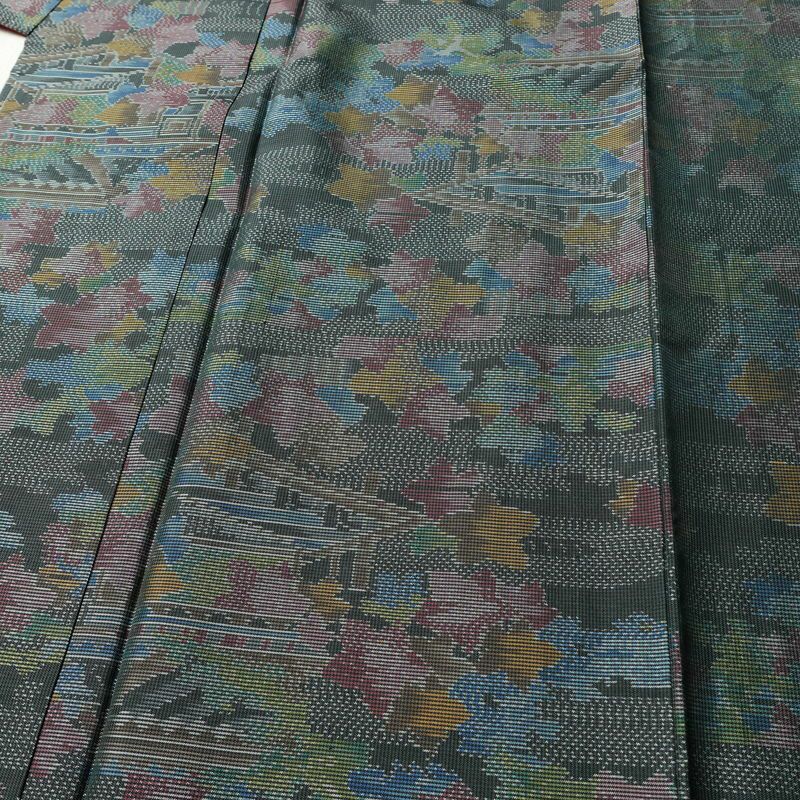 紬 しつけ糸付き 正絹 風景柄 袷仕立て 身丈152.5cm 裄丈64cm 着物 緑・うぐいす色_画像5