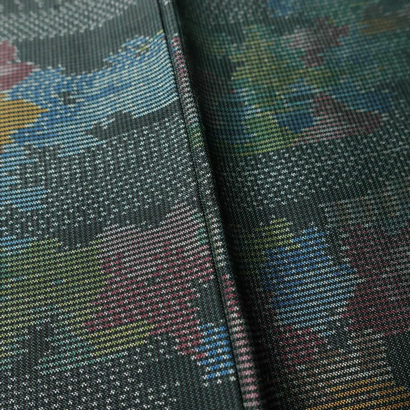 紬 しつけ糸付き 正絹 風景柄 袷仕立て 身丈152.5cm 裄丈64cm 着物 緑・うぐいす色_画像10