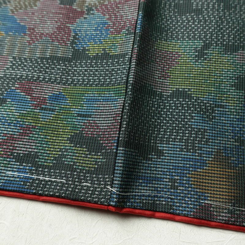 紬 しつけ糸付き 正絹 風景柄 袷仕立て 身丈152.5cm 裄丈64cm 着物 緑・うぐいす色_画像11